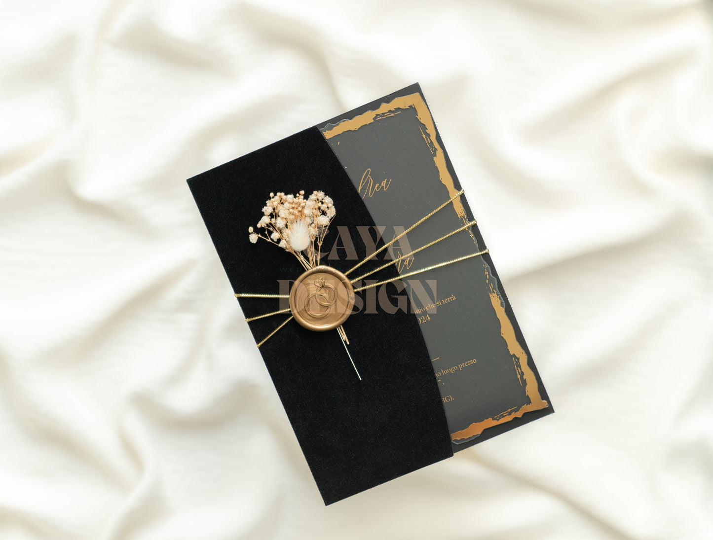 Elegant Black Velvet Half Fold Wedding Invitation Front