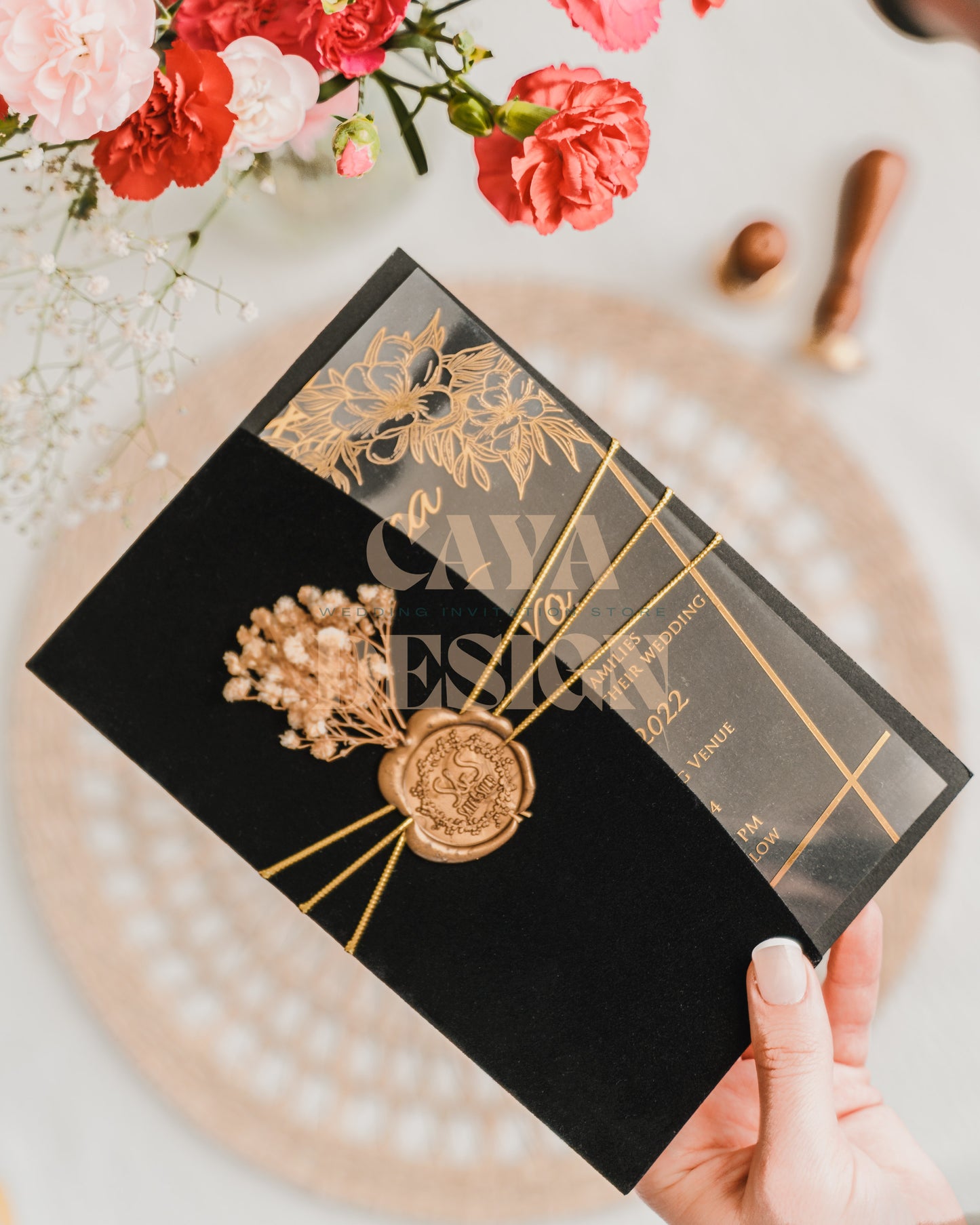 Black Velvet Half Fold Wedding Invitation Front View