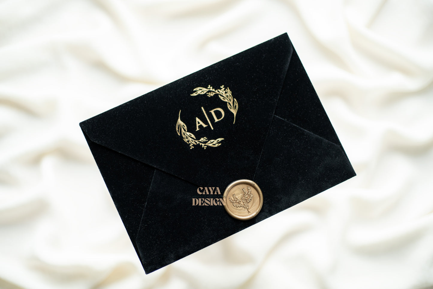Black Velvet Horizontal Wedding Invitation Front View with wax seal and gold foil