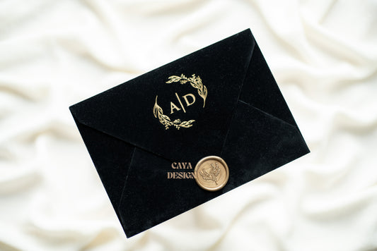 Black Velvet Horizontal  Wedding Invitation Front View with wax seal and gold foil 