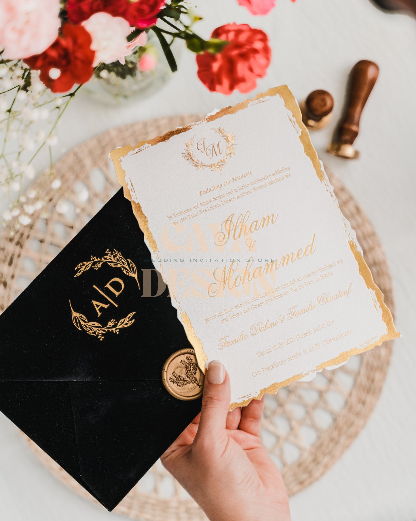 Black Velvet Horizontal Wedding Invitation with Paper Insert Card and Gold Foil Front View