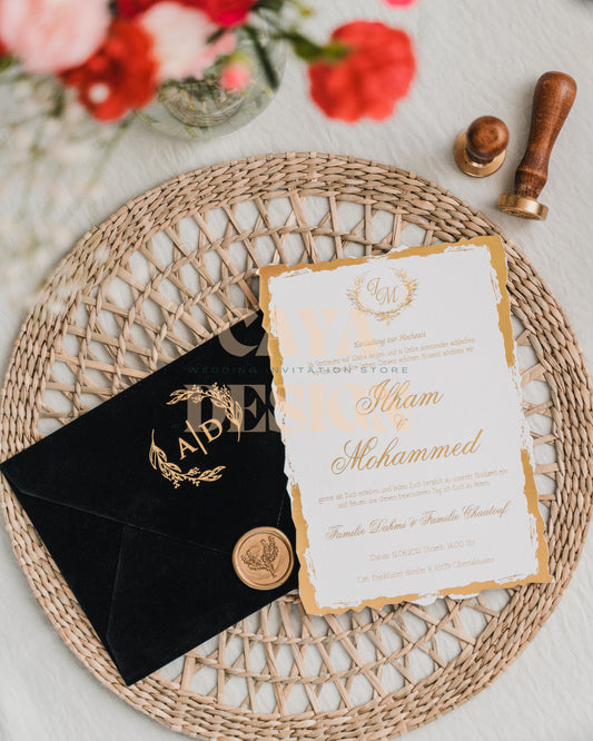 Black Velvet Horizontal  Wedding Invitation with Paper Insert Card and Gold Foil at a wedding