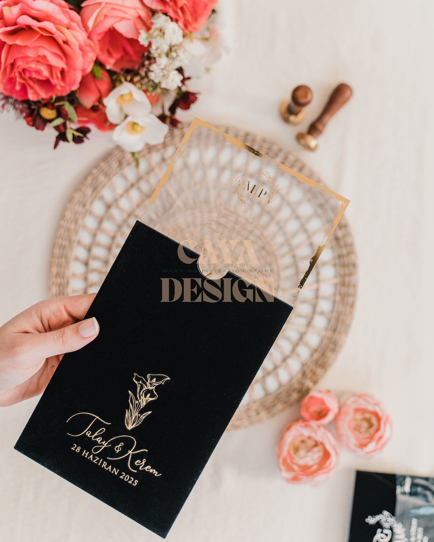 Black Velvet Vertical Wedding Invitation
