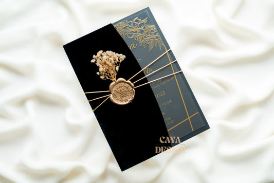 Black Velvet Half Fold Wedding Invitation Front