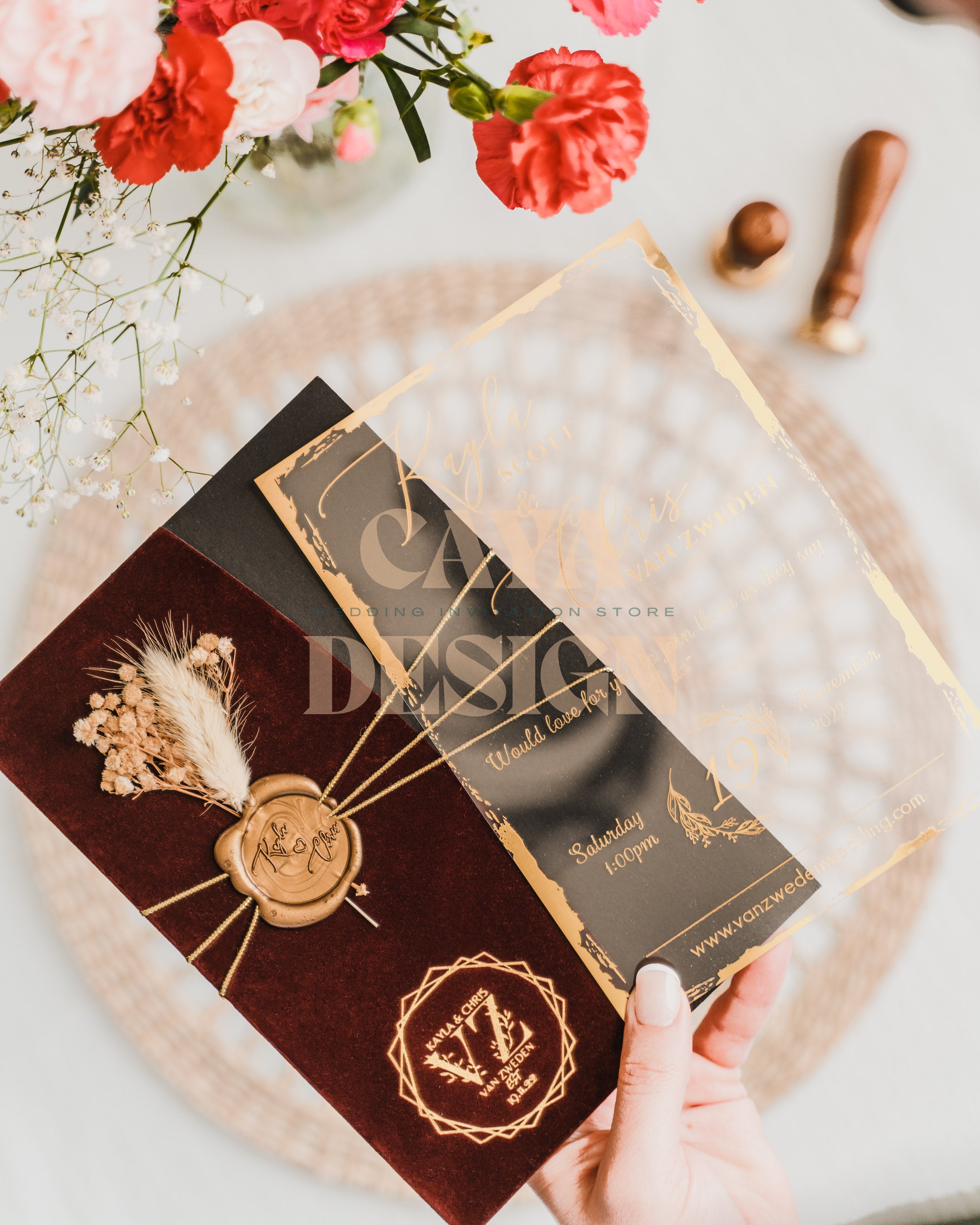 Burgundy Velvet Half Fold Wedding Invitation with Acrylic Insert Card and Gold Foil