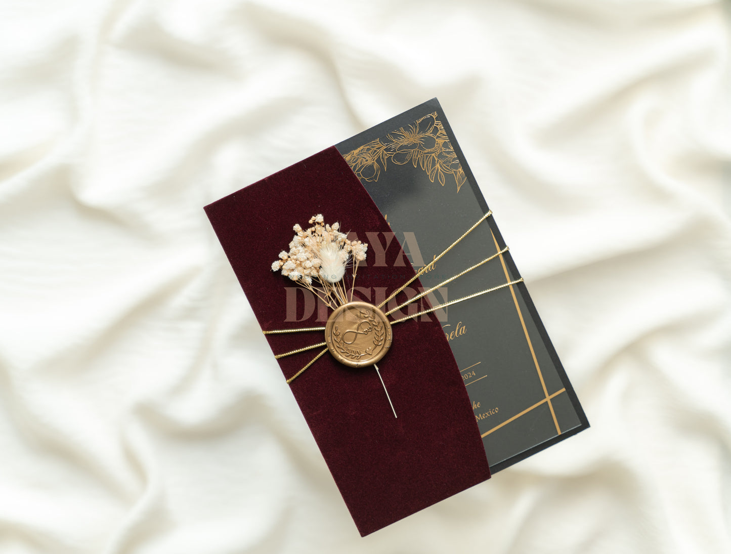 Elegant Burgundy Velvet Half Fold Wedding Invitation Front