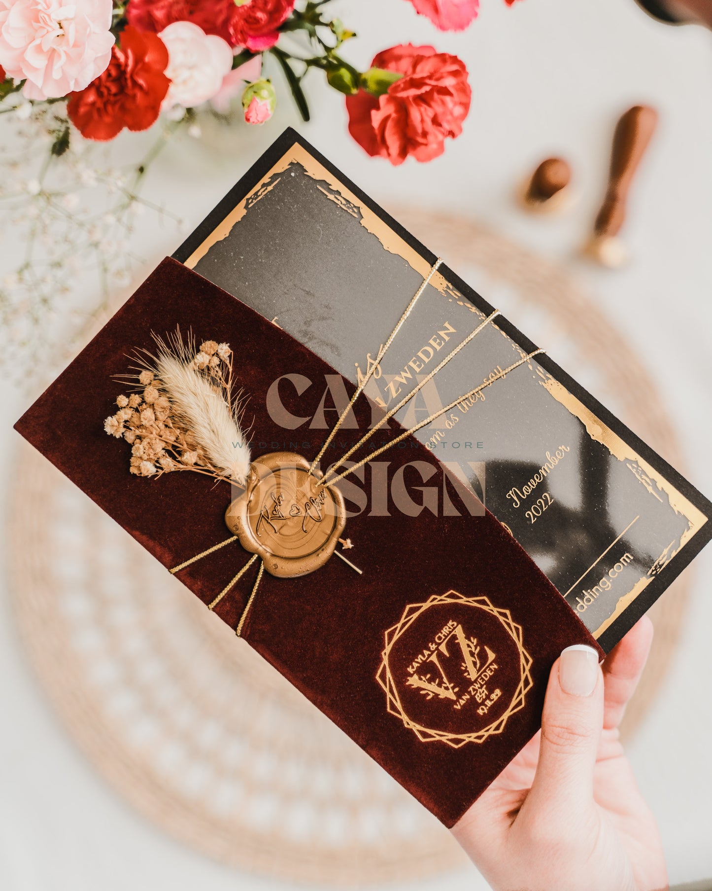 Burgundy Velvet Half Fold Wedding Invitation Front View