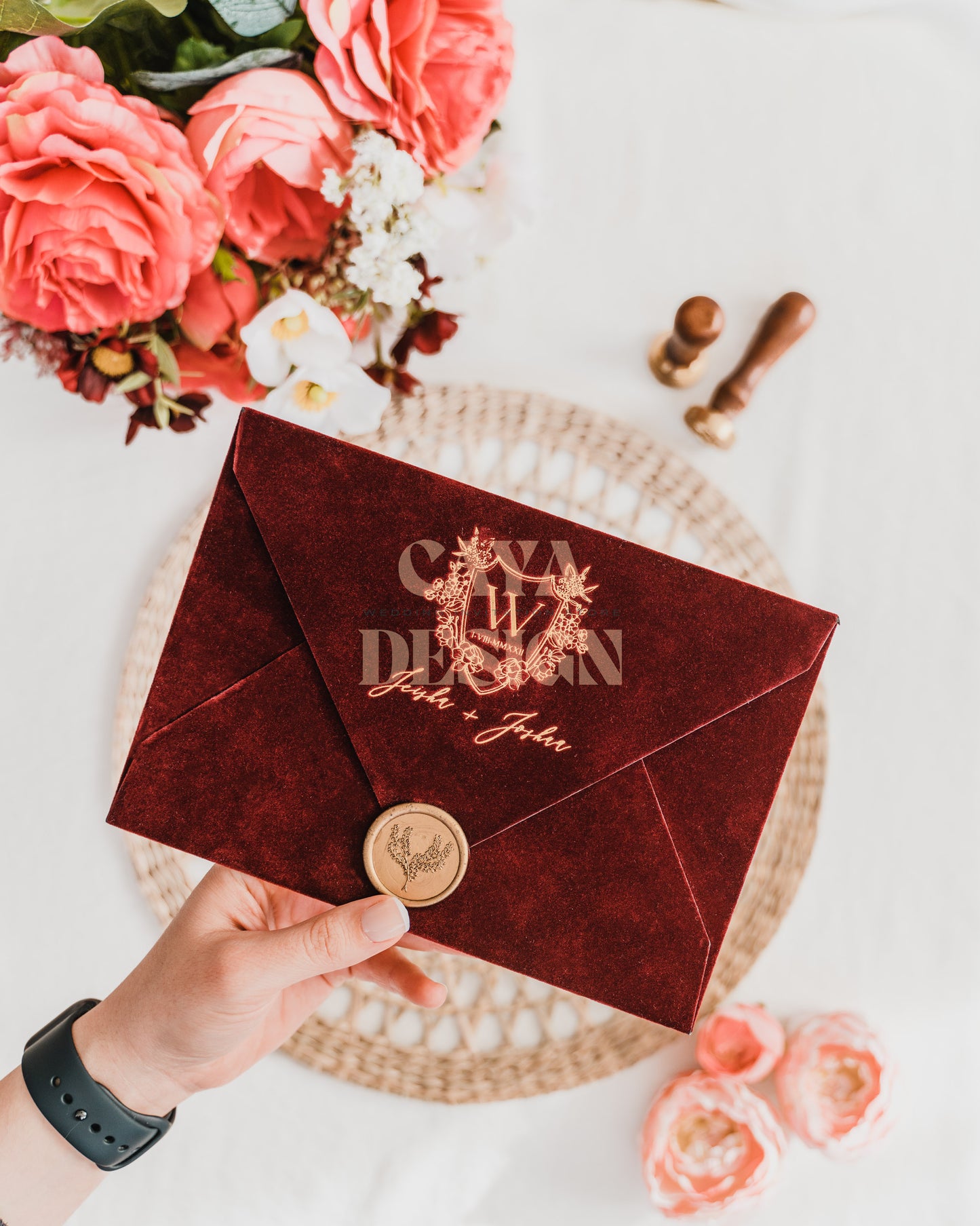 Burgundy Velvet Horizontal Wedding Invitation Front View