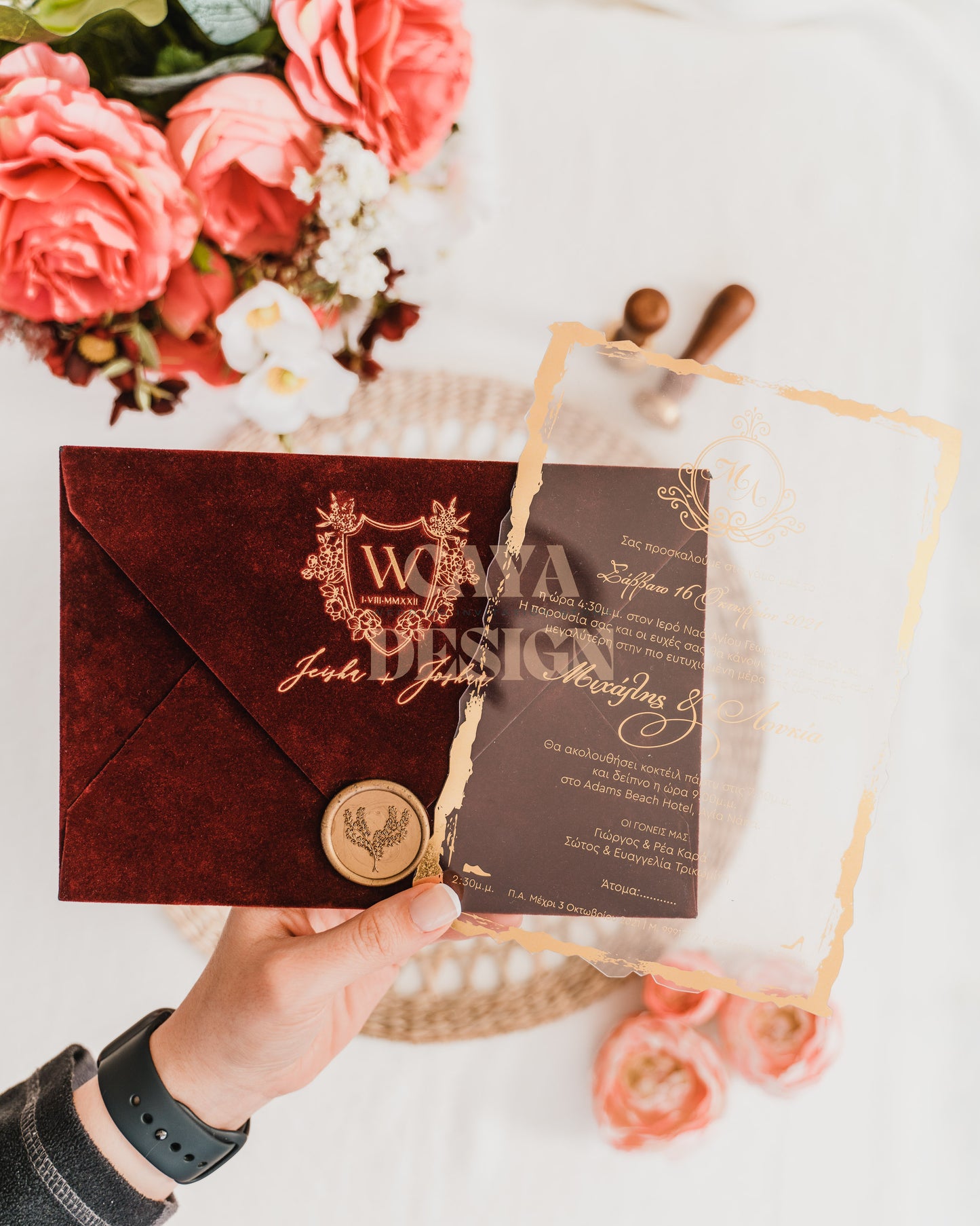 Burgundy Velvet Horizontal Wedding Invitation with Acrylic Insert Card and Gold Foil