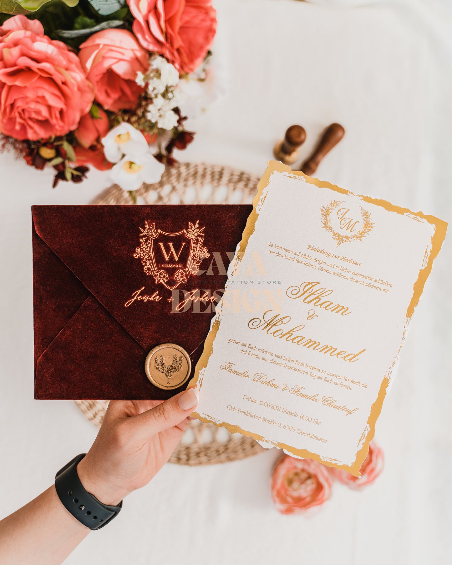 Burgundy Velvet Horizontal Wedding Invitation with Paper Insert Card and Gold Foil Front View