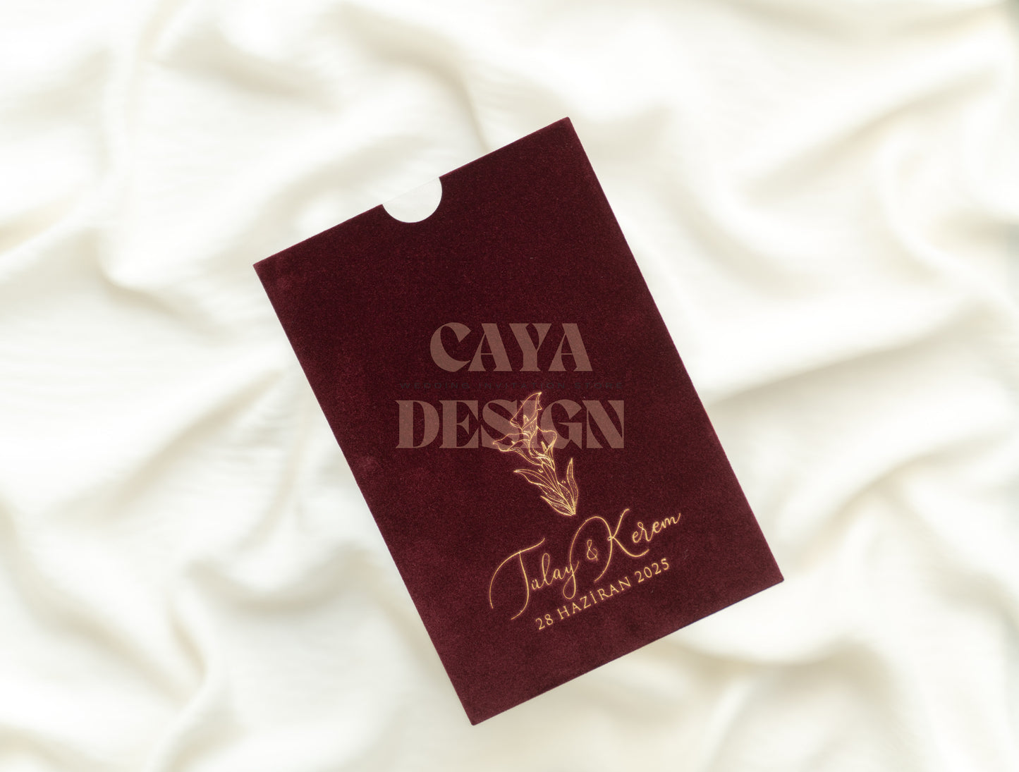 Burgundy Velvet Vertical Wedding Invitation