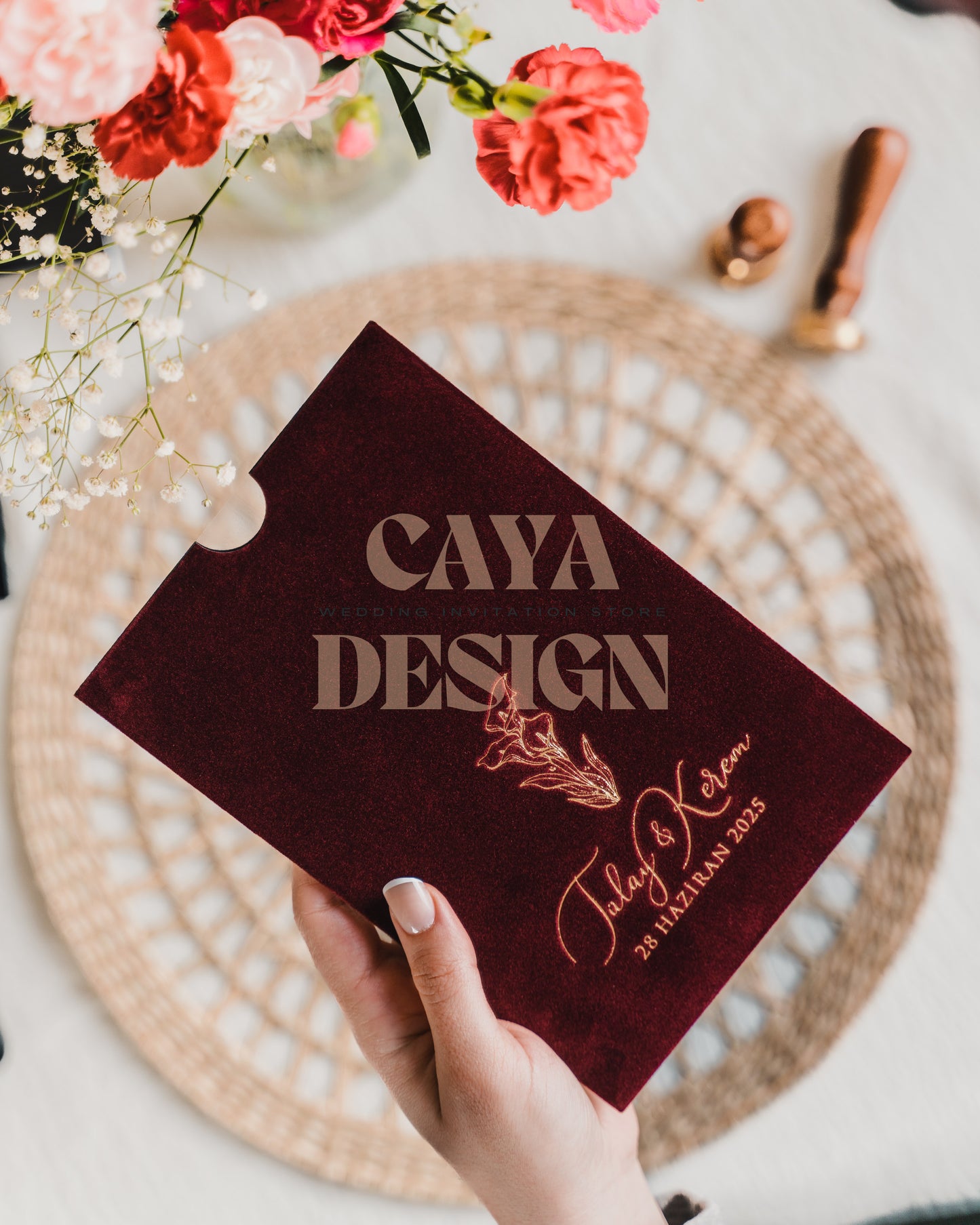 Burgundy Velvet Vertical Wedding Invitation