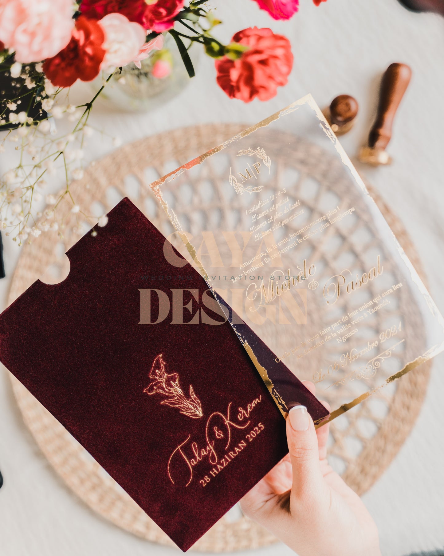 Burgundy Velvet Vertical Wedding Invitation