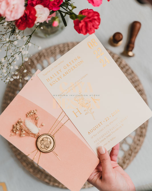 Nude Champagne Velvet Half Fold Wedding Invitation with Paper Insert Card and Gold Foil Front View