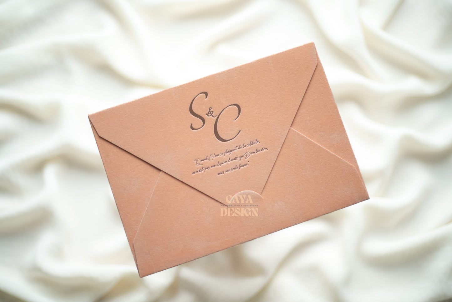 Nude Champagne Velvet Horizontal Wedding Invitation Front View with wax seal and gold foil