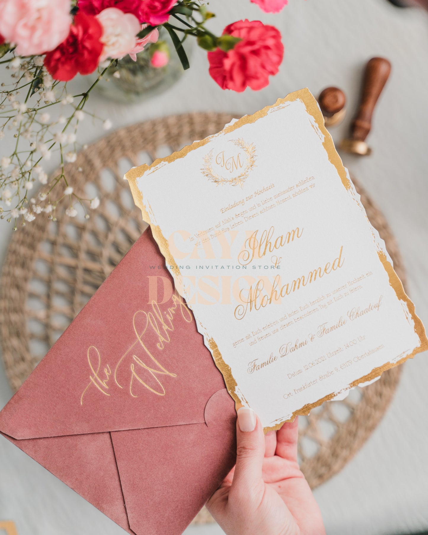 Dusty Rose Velvet Horizontal Wedding Invitation with Paper Insert Card and Gold Foil Front View