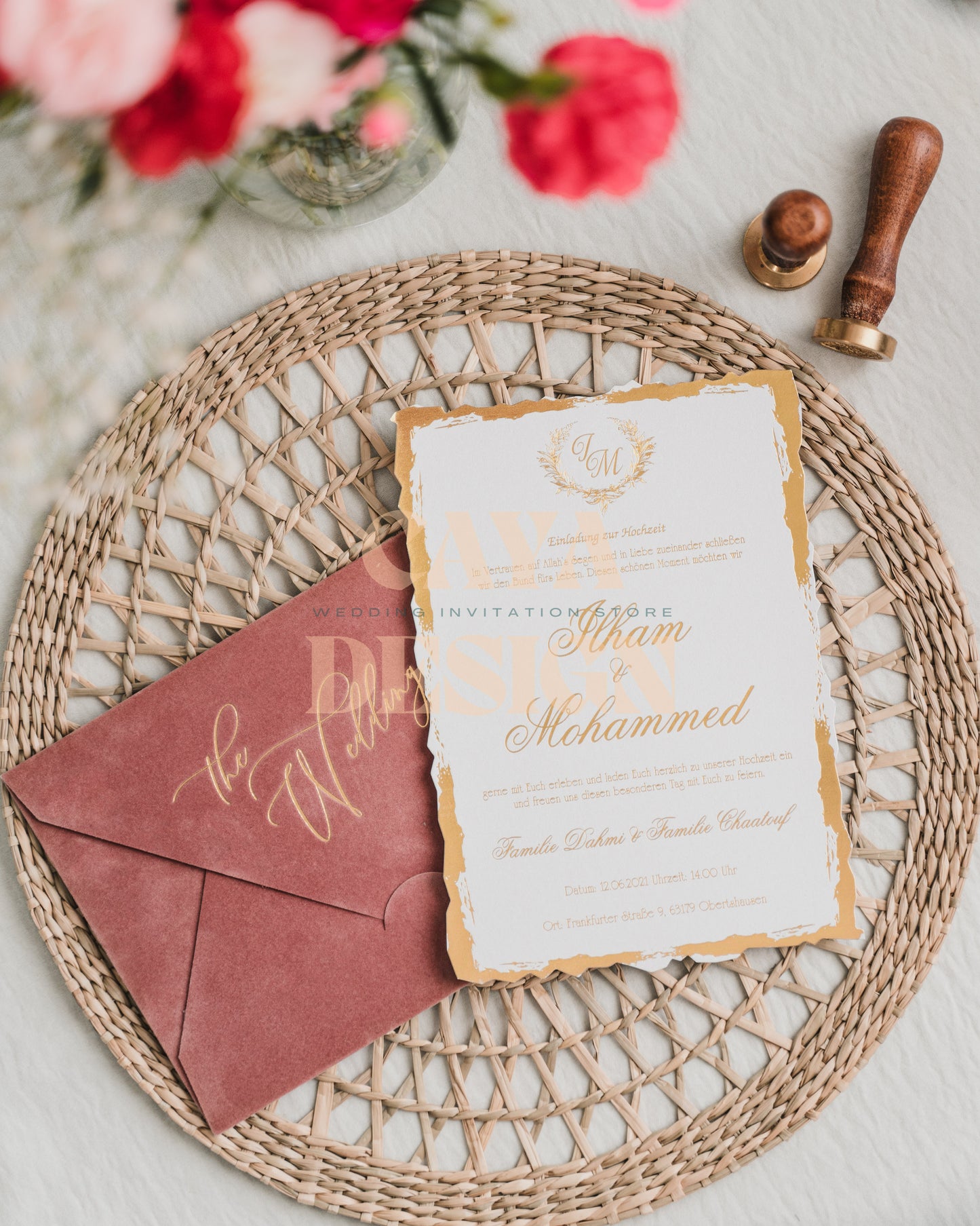 Dusty Rose Velvet Horizontal Wedding Invitation with Paper Insert Card and Gold Foil at a wedding