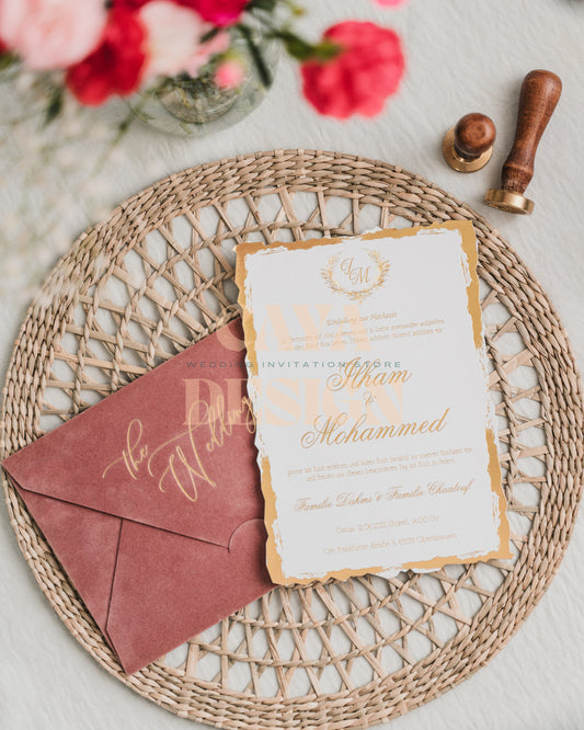 Dusty Rose Velvet Horizontal  Wedding Invitation with Paper Insert Card and Gold Foil at a wedding
