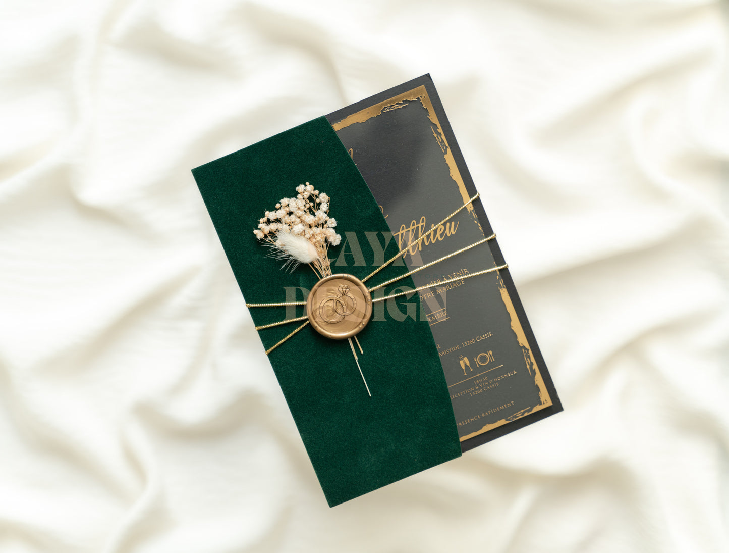 Elegant Emerald Green Velvet Half Fold Wedding Invitation Front