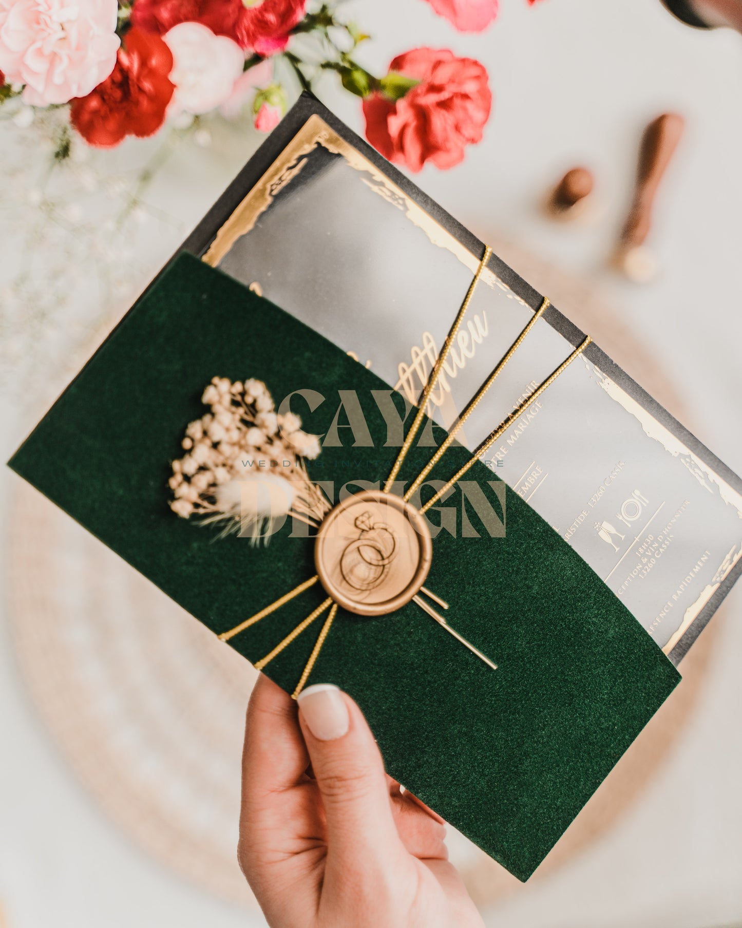 Emerald Green Velvet Half Fold Wedding Invitation Front View
