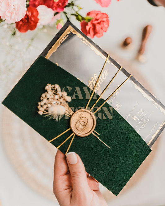 Emerald Green Velvet Half Fold Wedding Invitation Front View