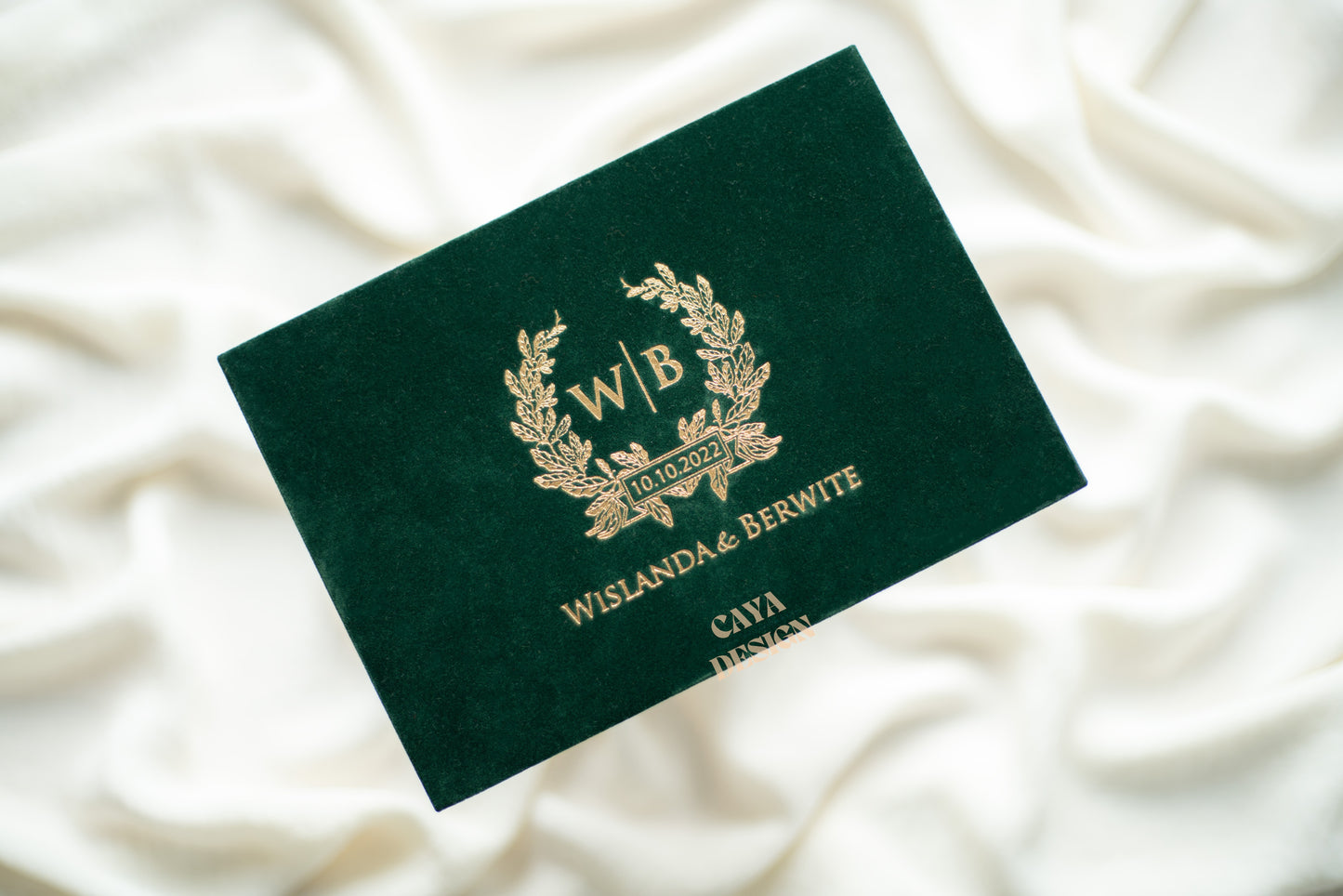 Emerald Green Velvet Horizontal Wedding Invitation Front View with wax seal and gold foil