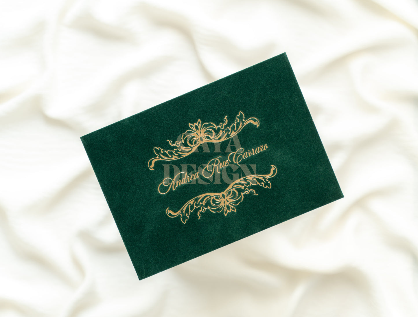 Emerald Green Velvet Horizontal Wedding Invitation with Gold Foil Details Front