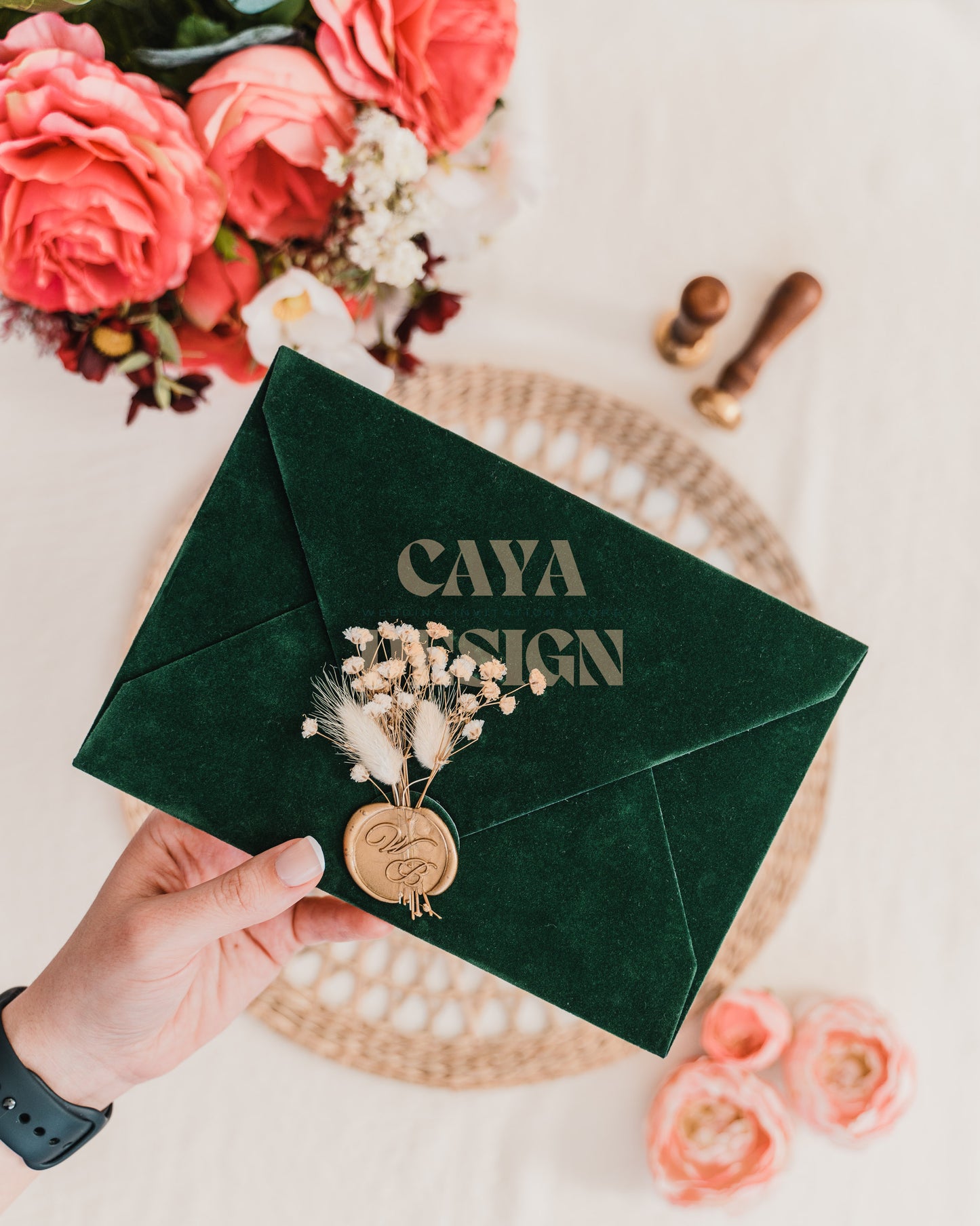 Emerald Green Velvet Horizontal Wedding Invitation with Gold Foil details, wax seal and flowers front view