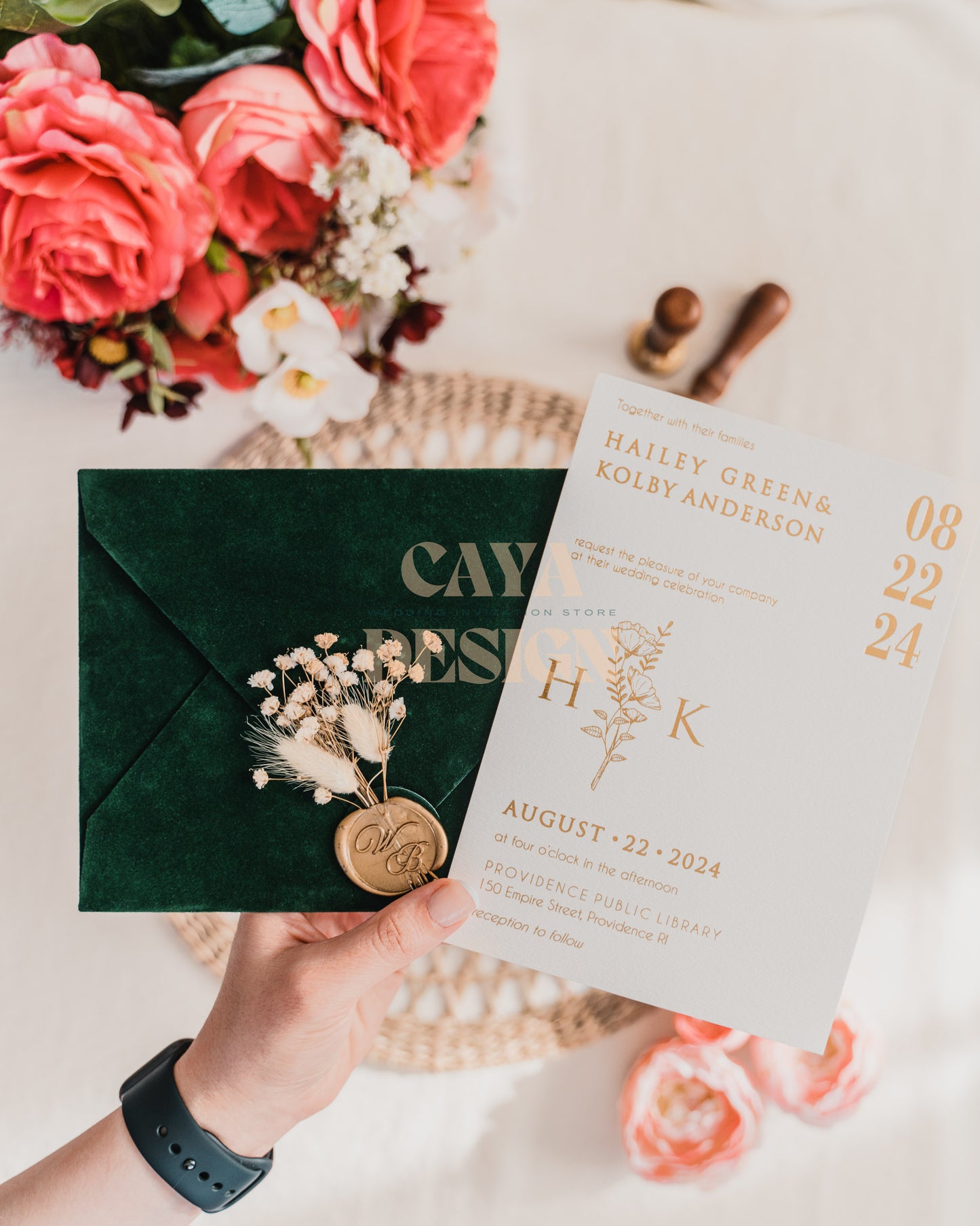 Emerald Green Velvet Horizontal Wedding Invitation with Paper Insert Card and Gold Foil Front View