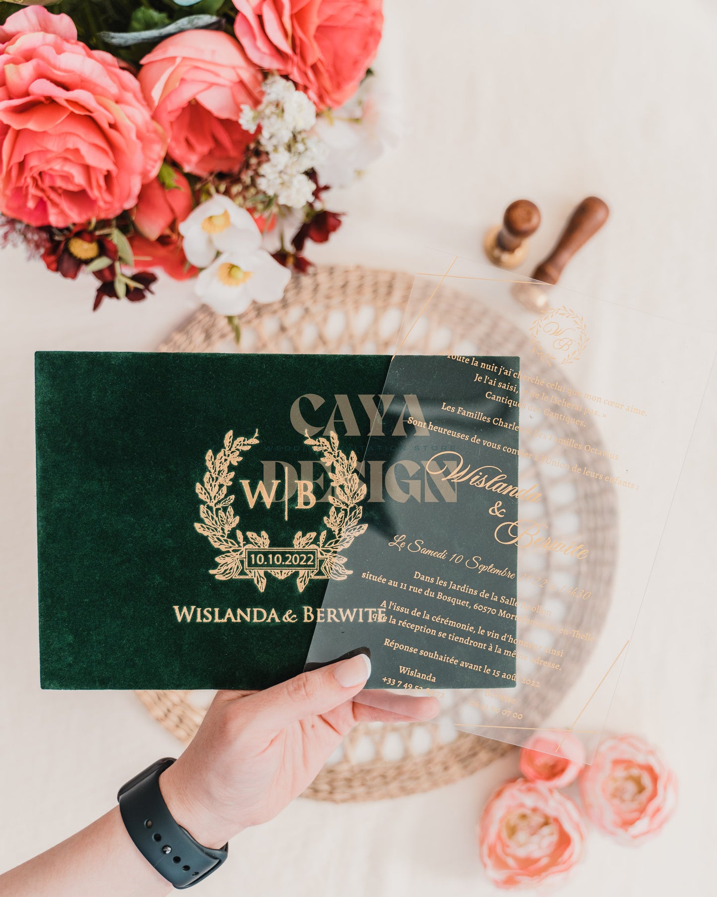 Emerald Green Velvet Horizontal Wedding Invitation with Acrylic Insert Card and Gold Foil