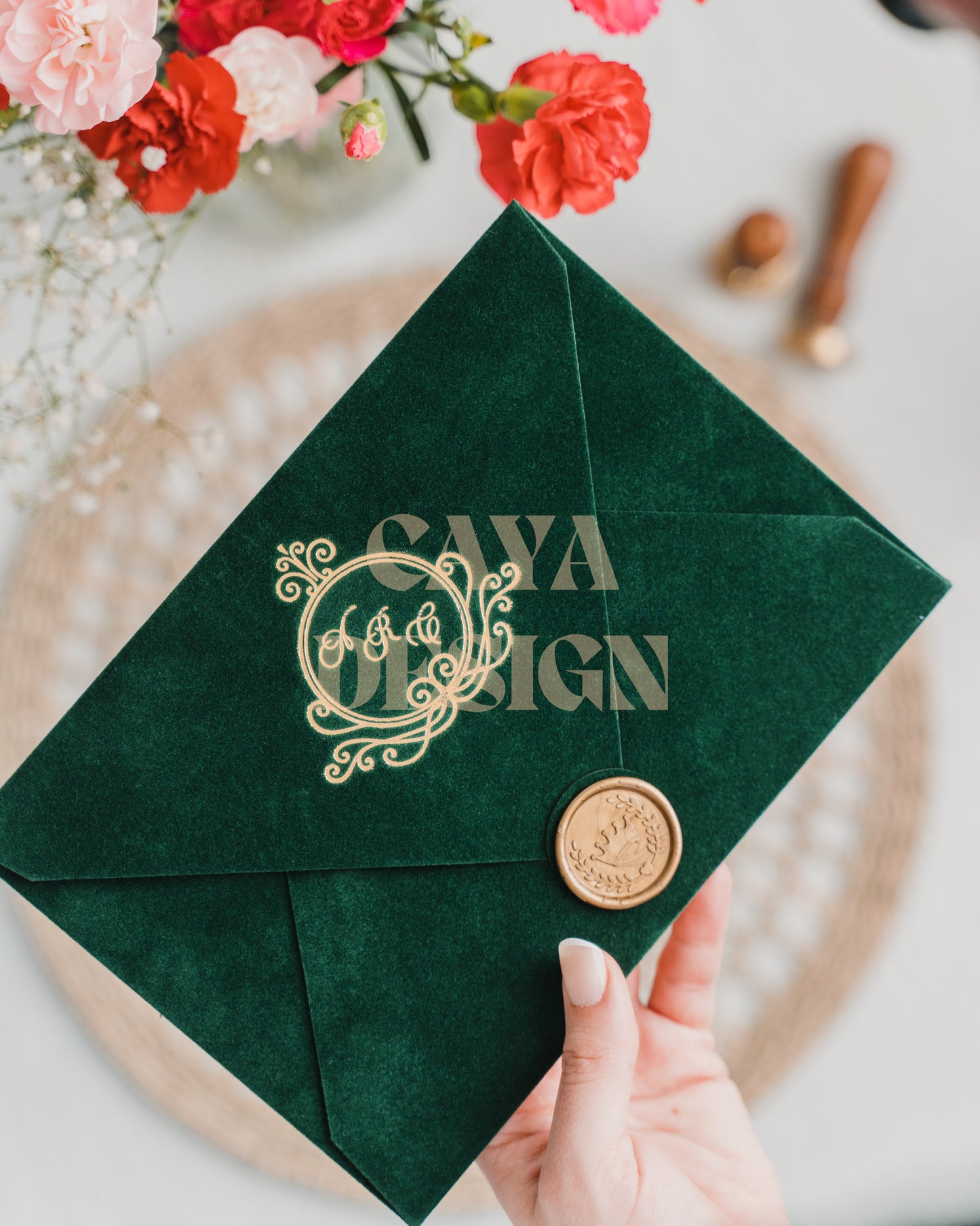 Emerald Green Velvet Horizontal Wedding Invitation with Gold Foil details, wax seal front