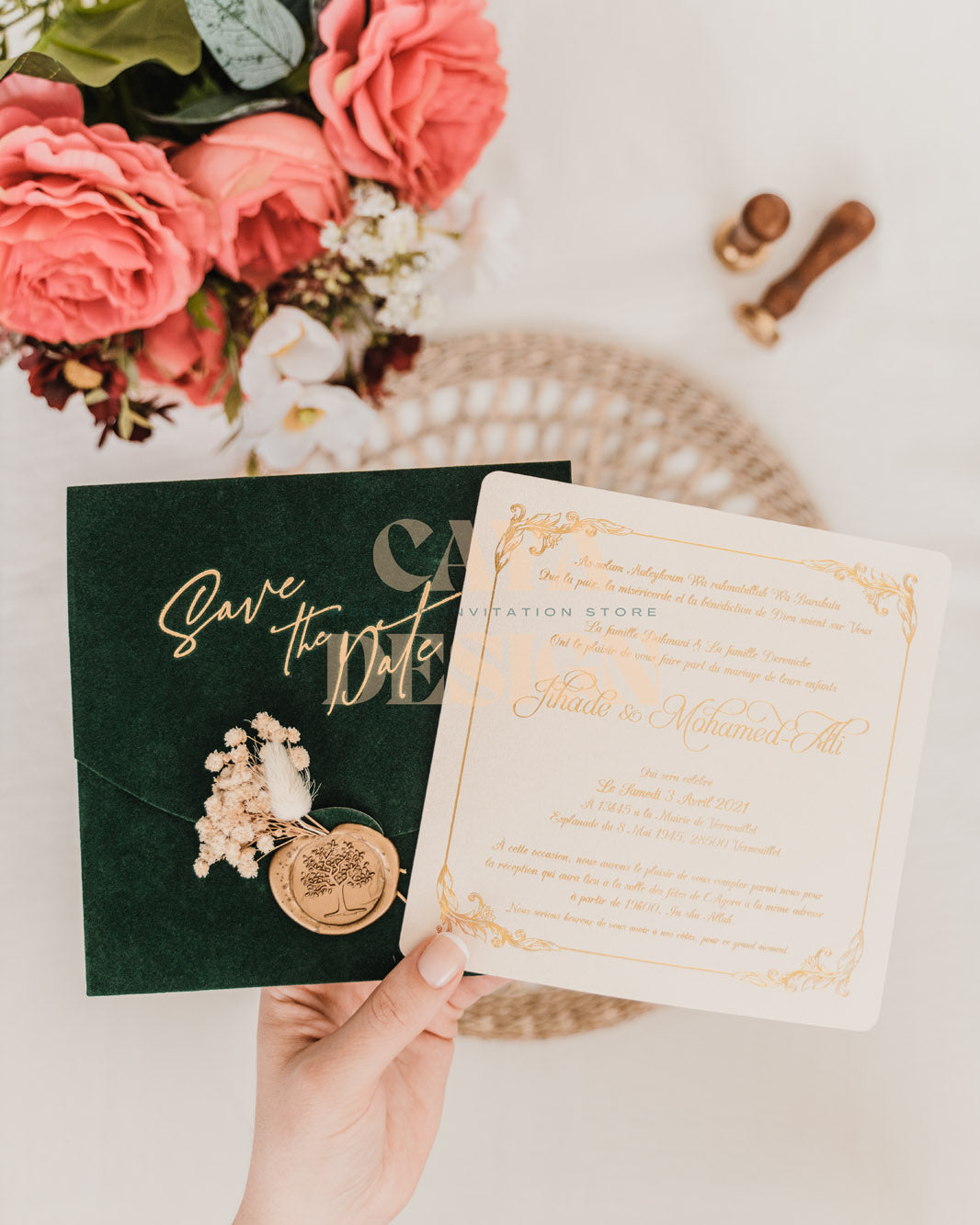 Emerald Velvet Square Wedding Invitation