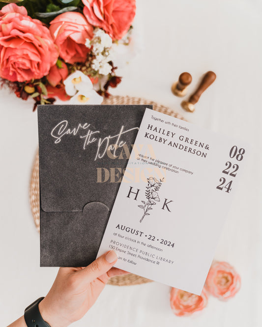 Faire-part de mariage vertical en velours gris