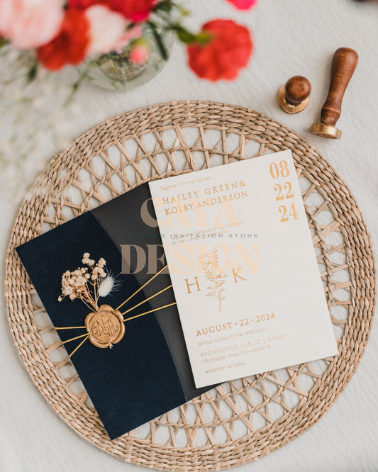 Navy Blue Velvet Half Fold Wedding Invitation with Paper Insert Card and Gold Foil at a wedding