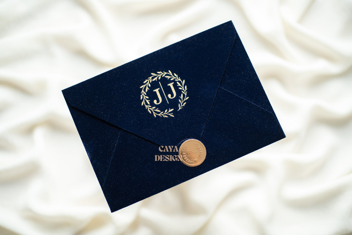 Navy Blue Velvet Horizontal Wedding Invitation Front View with wax seal and gold foil