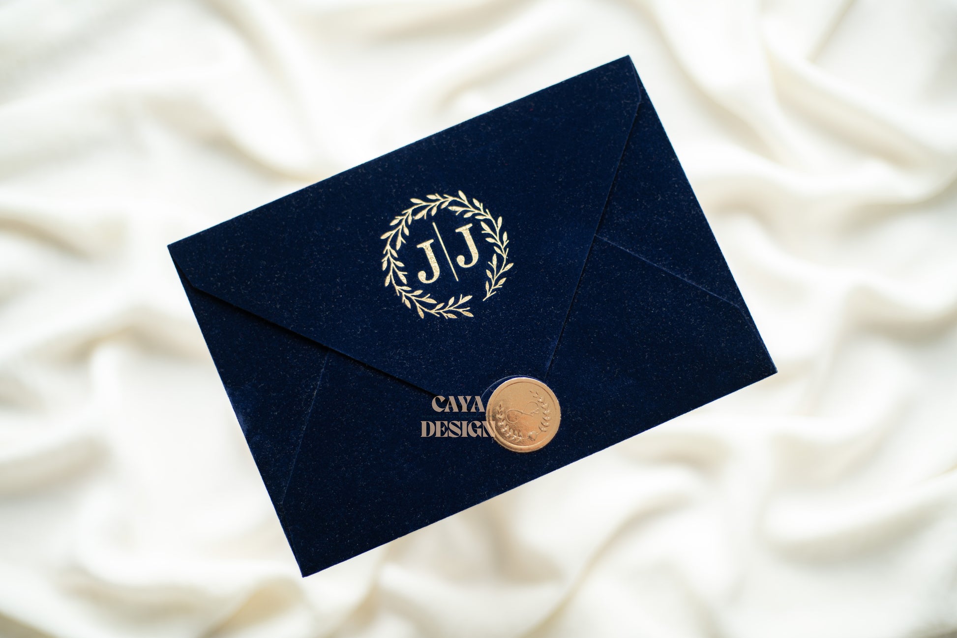 Navy Blue Velvet Horizontal  Wedding Invitation Front View with wax seal and gold foil