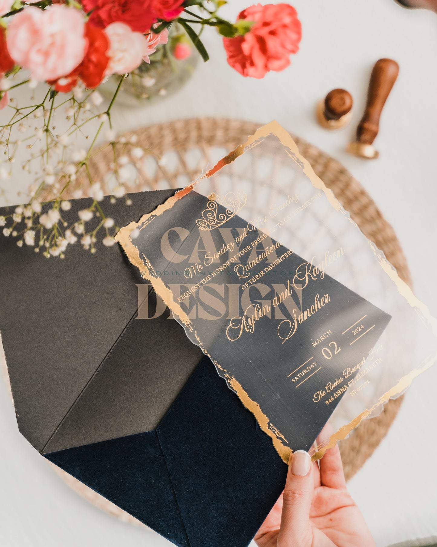 Open Navy Blue Velvet Horizontal Wedding Invitation with Acrylic Insert Card and Gold Foil