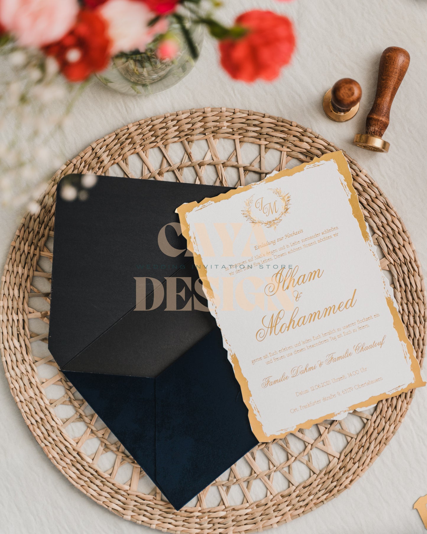 Navy Blue Velvet Horizontal Wedding Invitation with Paper Insert Card and Gold Foil at a wedding