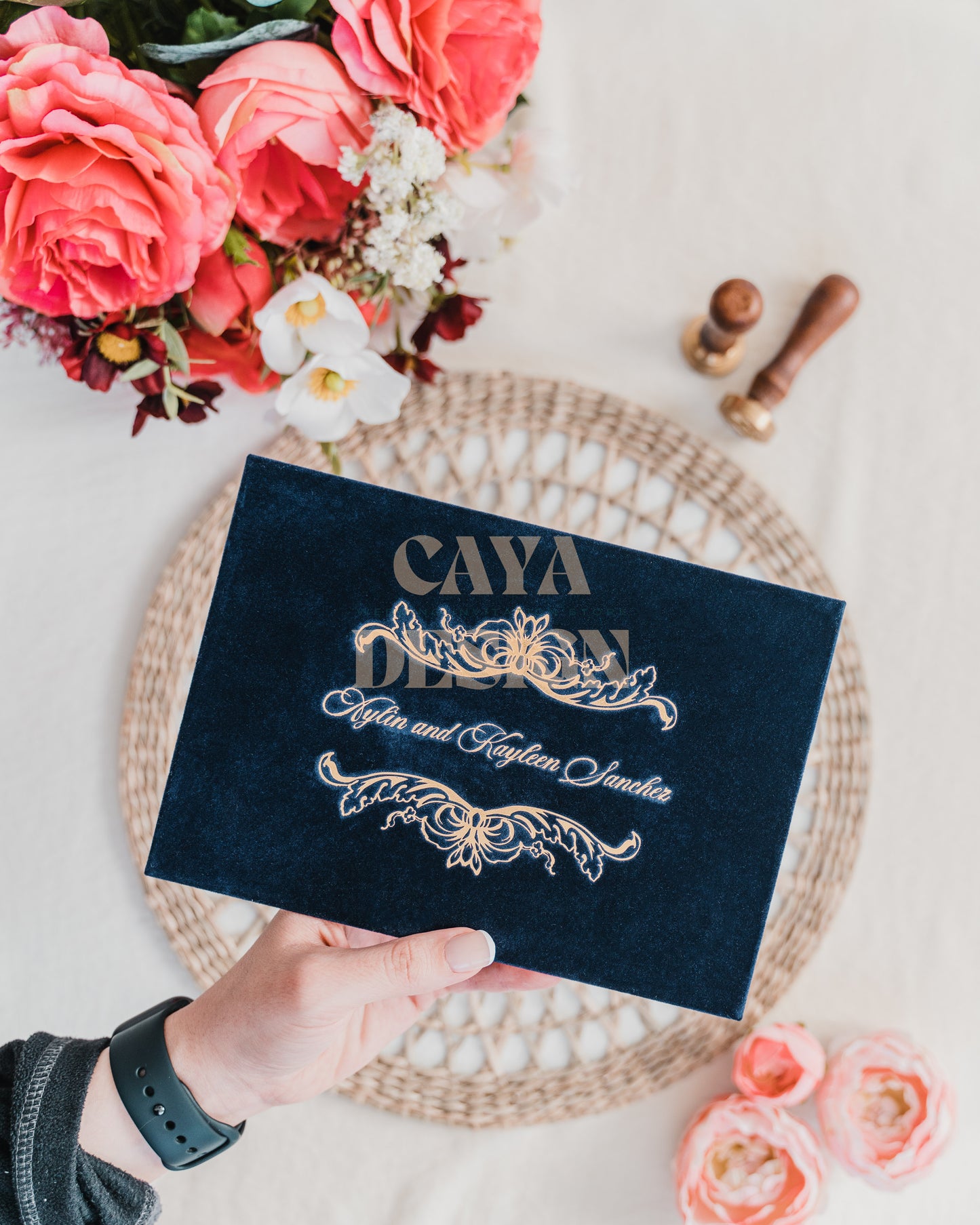 Navy Blue Velvet Horizontal Wedding Invitation Front View