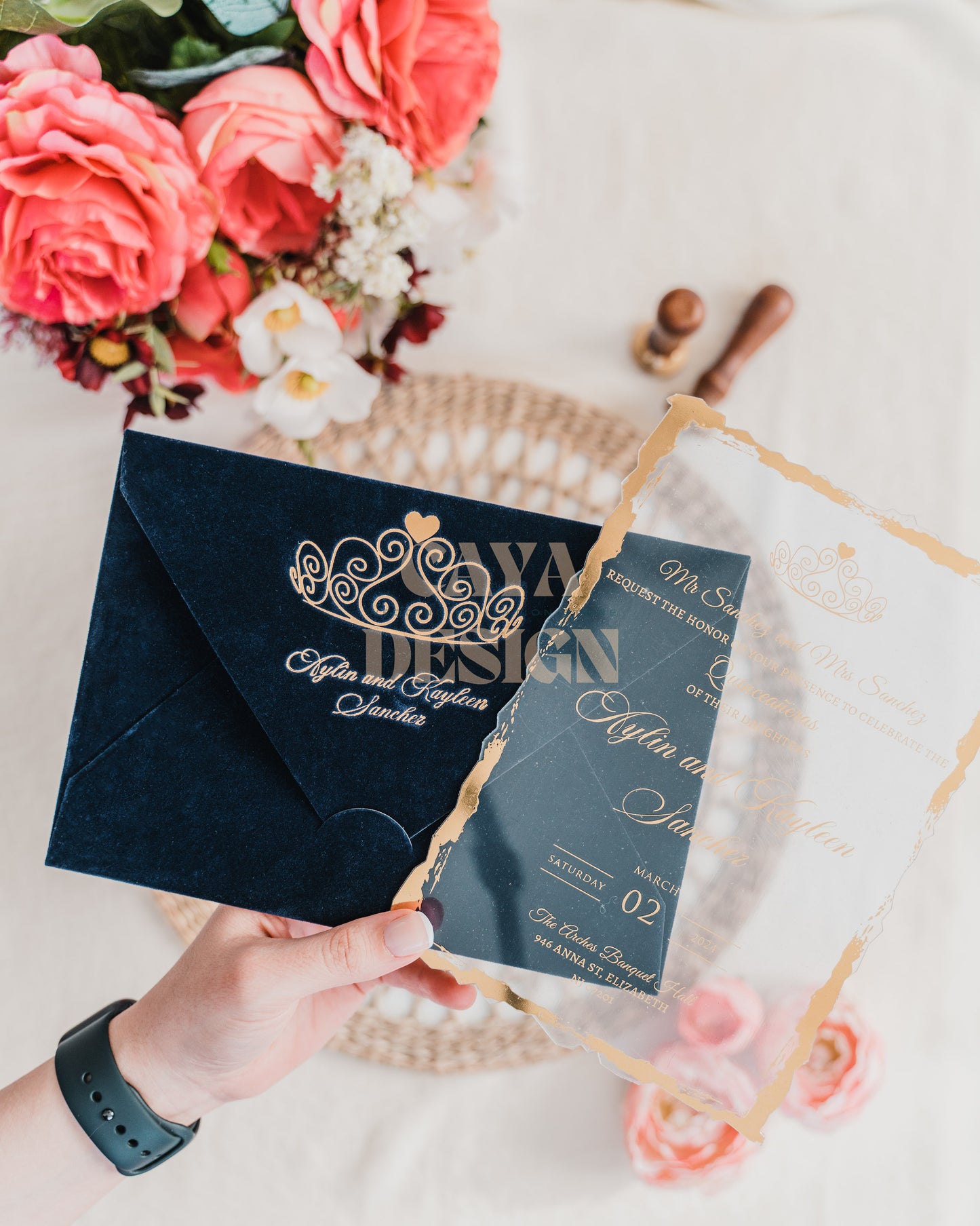 Navy Blue Velvet Horizontal Wedding Invitation with Acrylic Insert Card and Gold Foil