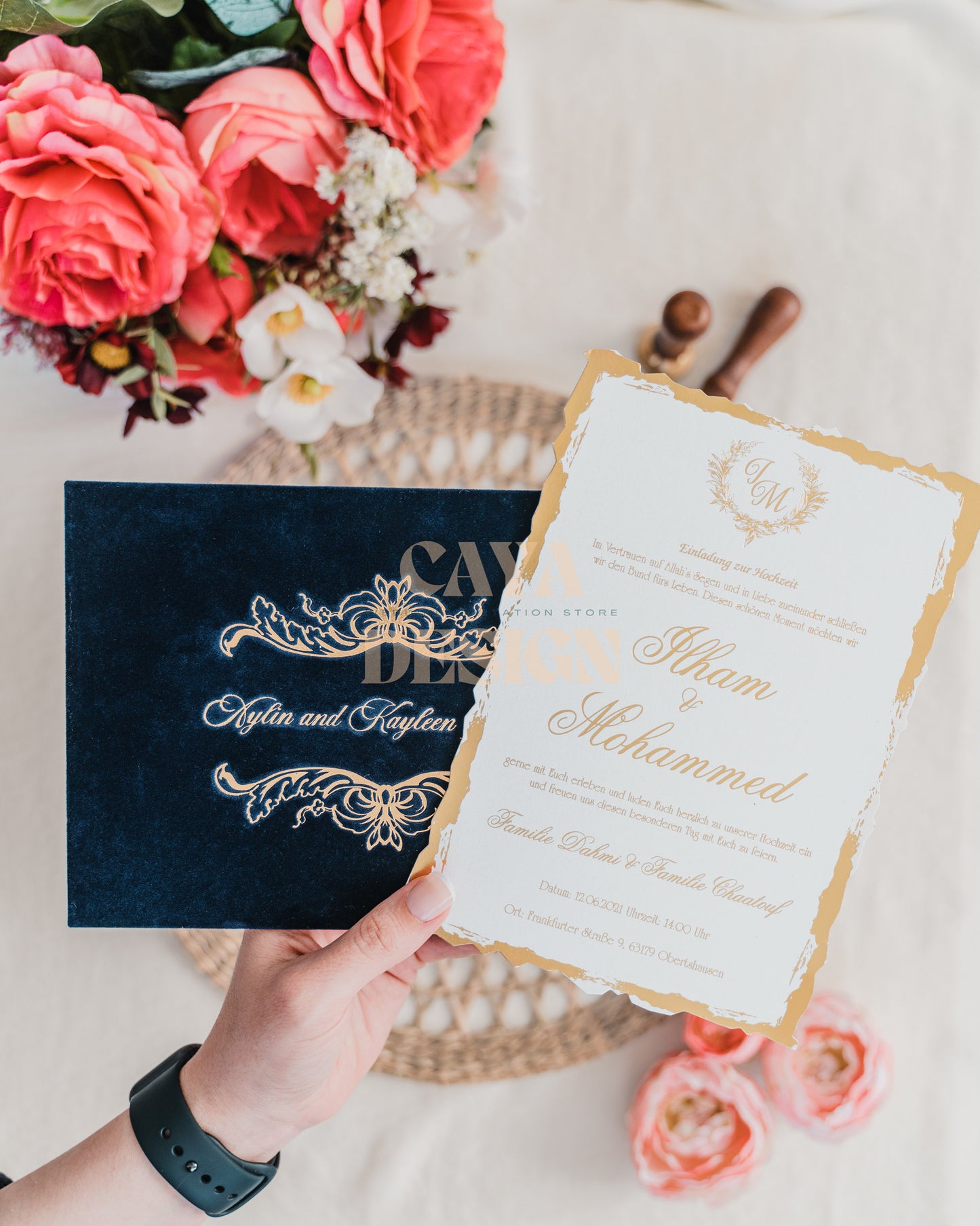 Navy Blue Velvet Horizontal Wedding Invitation with Paper Insert Card and Gold Foil Front View
