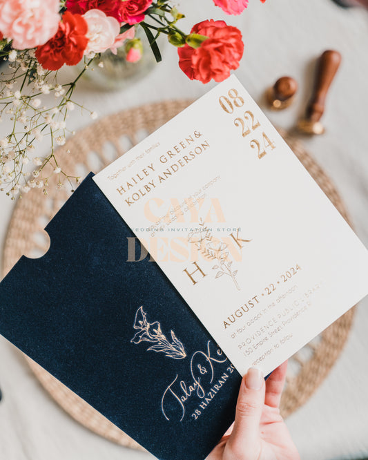 Faire-part de mariage vertical en velours bleu marine