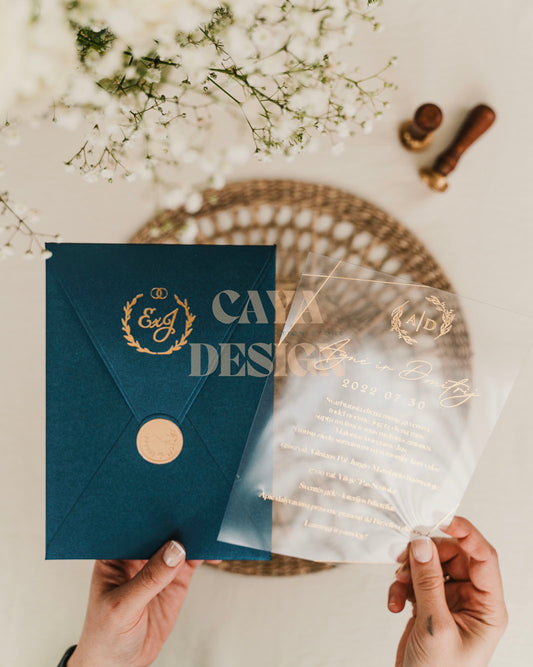 Elegant Blue Paper Vertical Wedding Invitation with Acrylic Insert Card and Gold Foil details close-up