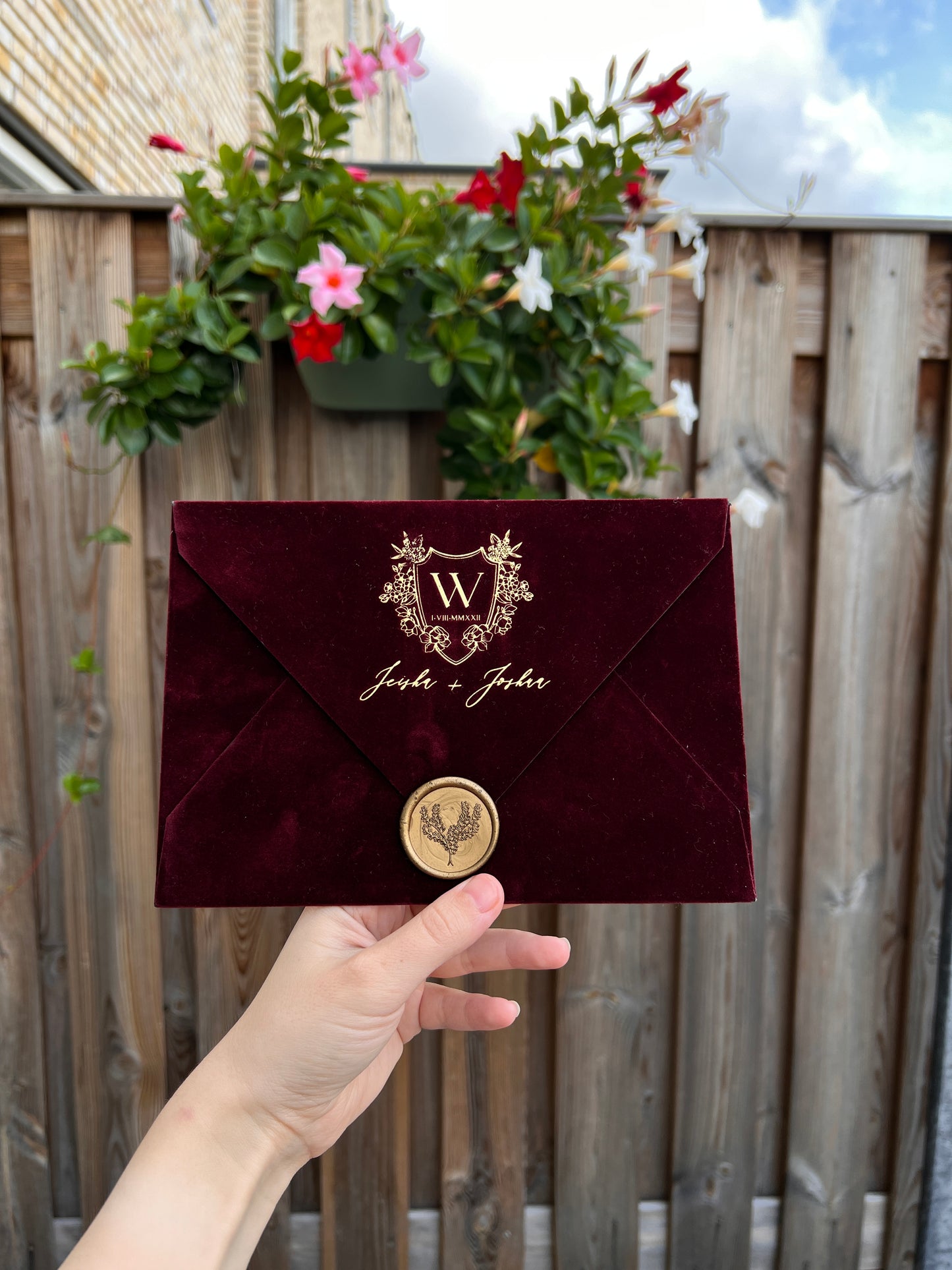 Elegant Burgundy Velvet Horizontal Wedding Invitation Front