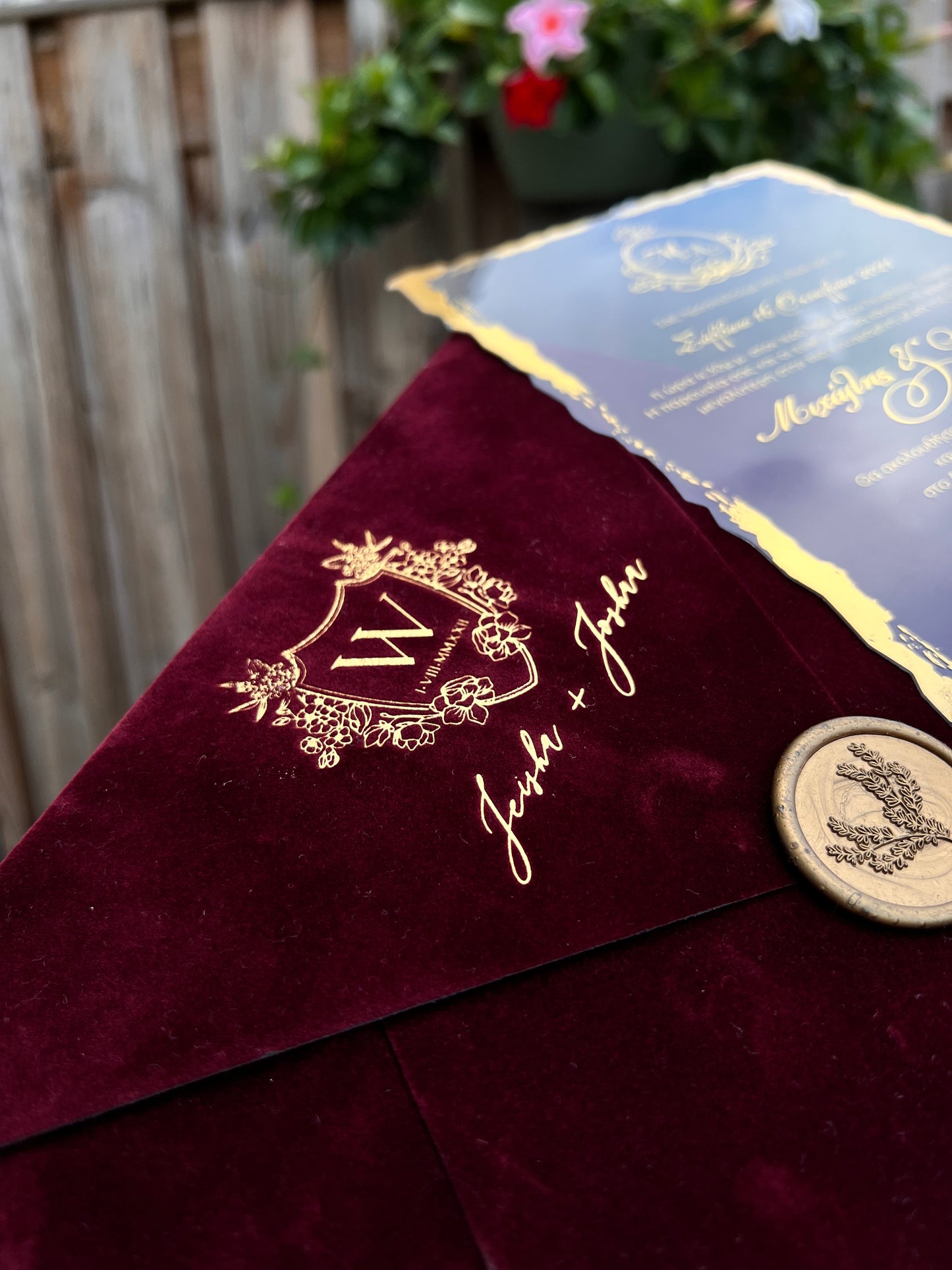Elegant Burgundy Velvet Horizontal Wedding Invitation with Acrylic Insert Card and Gold Foil details