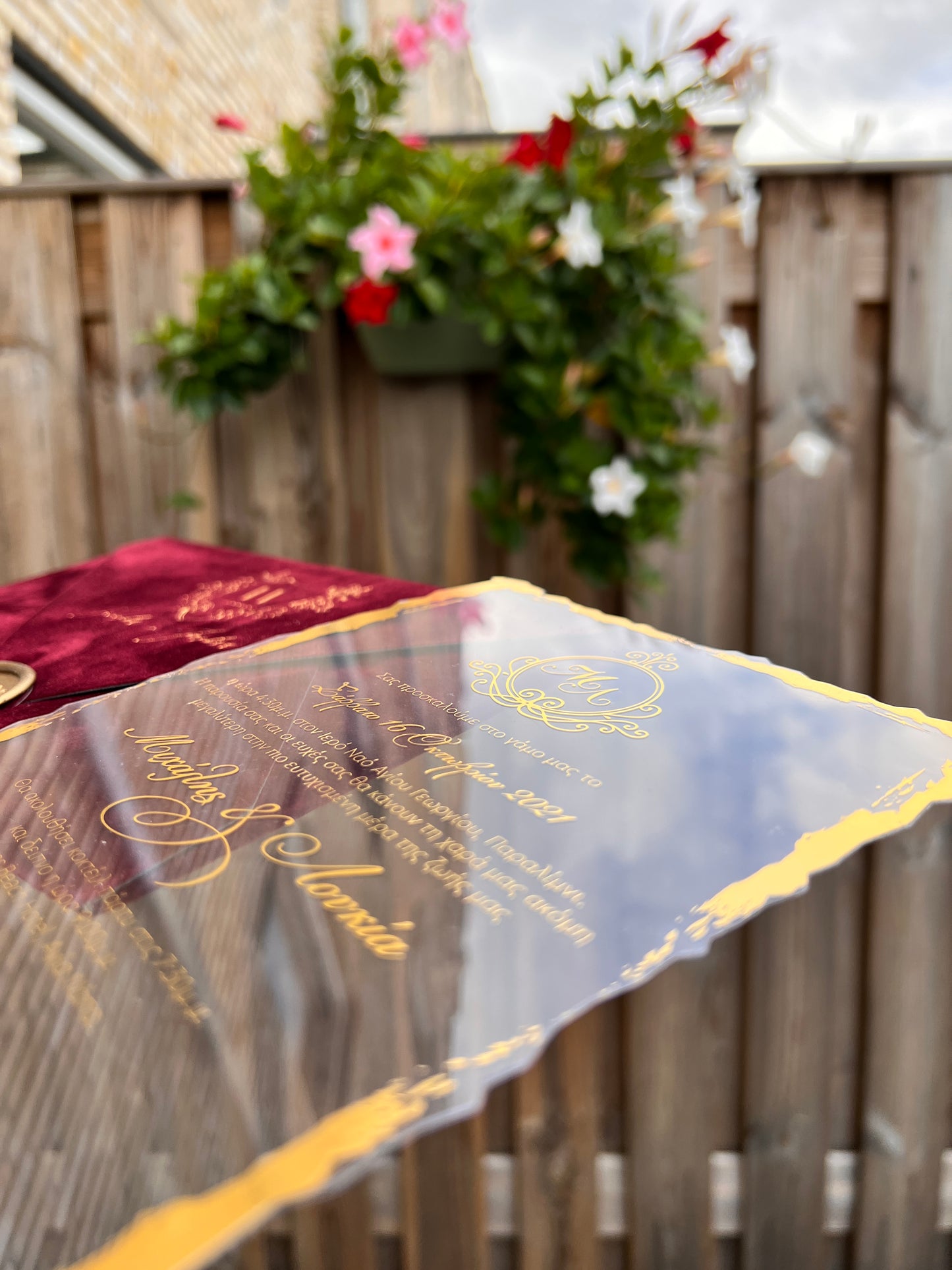 Burgundy Velvet Horizontal Wedding Invitation with Acrylic Insert Card and Gold Foil details