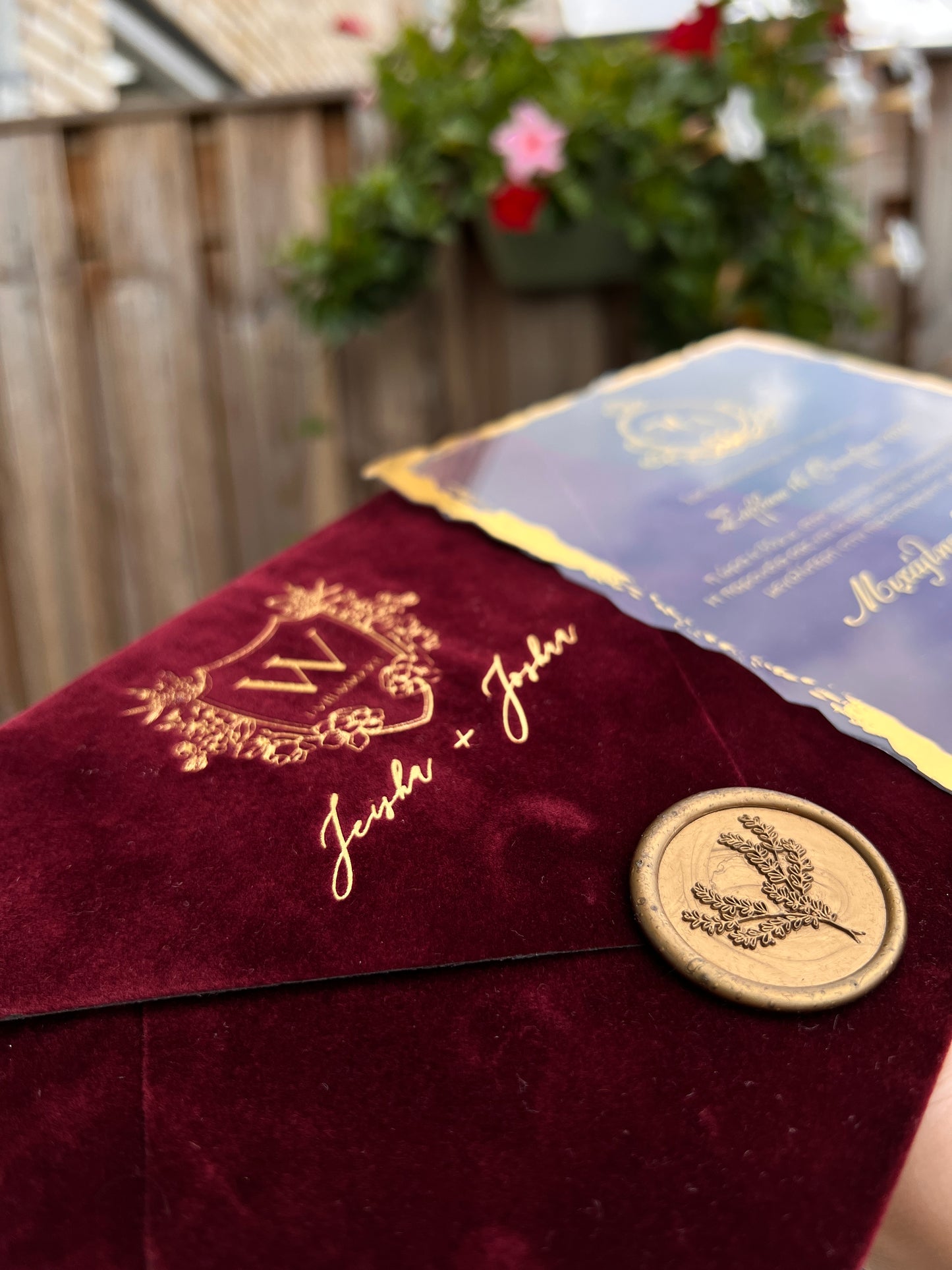Elegant Burgundy Velvet Horizontal Wedding Invitation Front View details