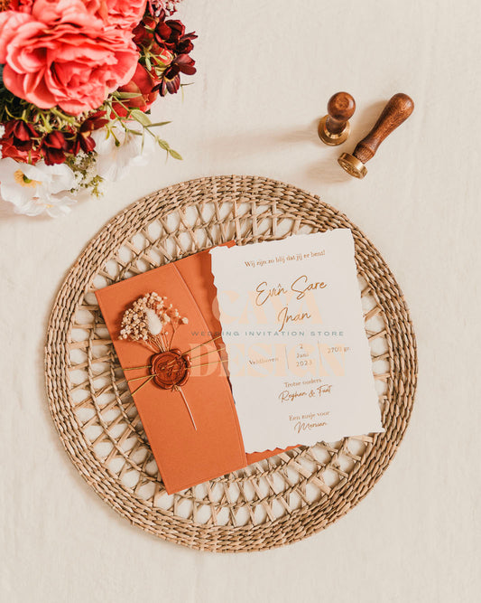 Copper Paper Half Fold Wedding Invitation with Paper Insert Card and Gold Foil Front View