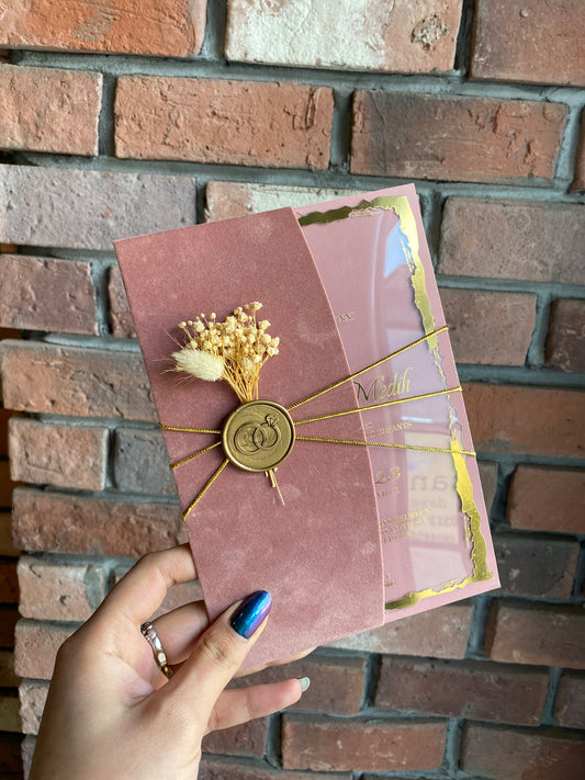 Dusty Rose Velvet Half Fold Wedding Invitation with Acrylic Insert Card and Gold Foil