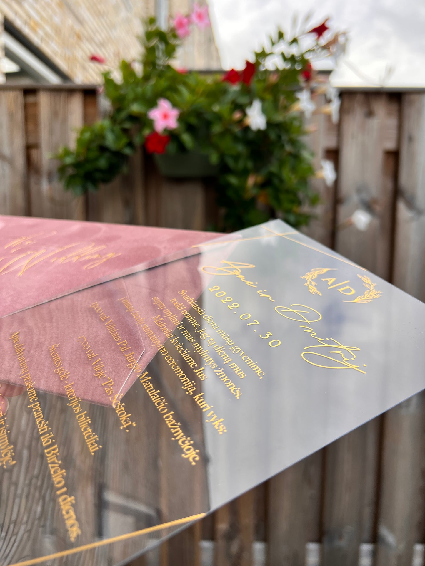 Elegant Dusty Rose Velvet Horizontal Wedding Invitation with Acrylic Insert Card and Gold Foil details